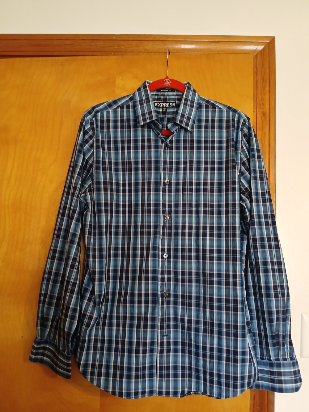 Express Men's Navy and Light Blue Plaid Button-Down Shirt